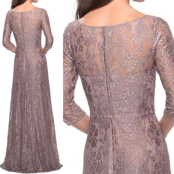 La Femme  Lace Quarter
Length Sleeve Bateau A-line
Dress size 6 Formal Gown - Picture 11 of 15